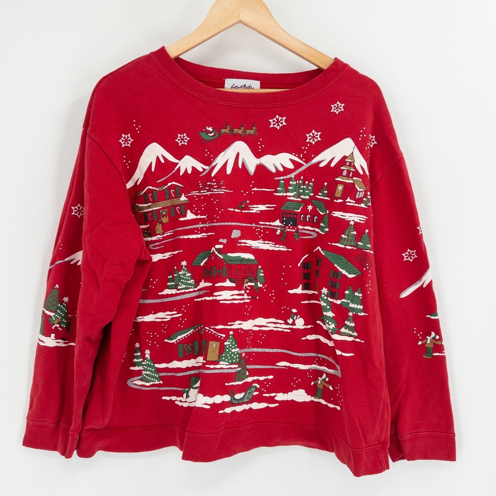 Vintage 90s Christmas Sweatshirt XL Red Winter Holiday All Over Print Granny